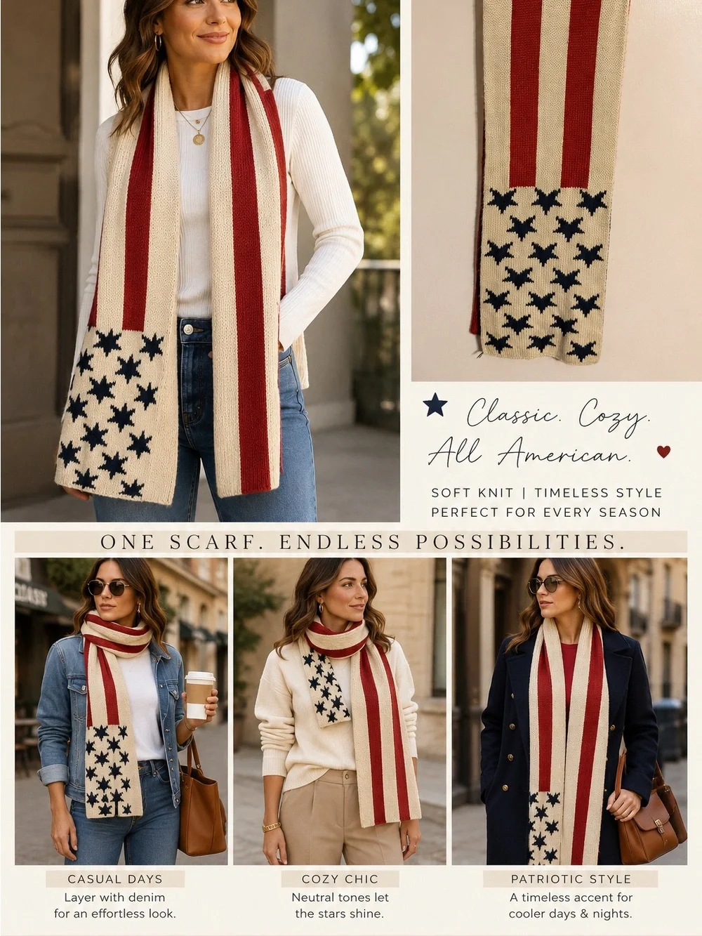 Americana Knit Flag Scarf‎ Red White Blue Stars Stripes Cozy Winter Unisex